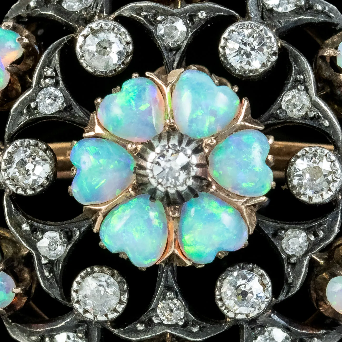 Antique Victorian Opal Heart Diamond Flower Brooch Silver 18ct Gold