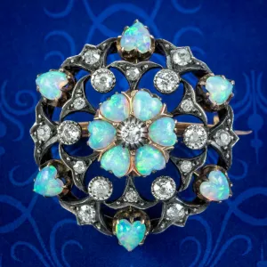 Antique Victorian Opal Heart Diamond Flower Brooch Silver 18ct Gold