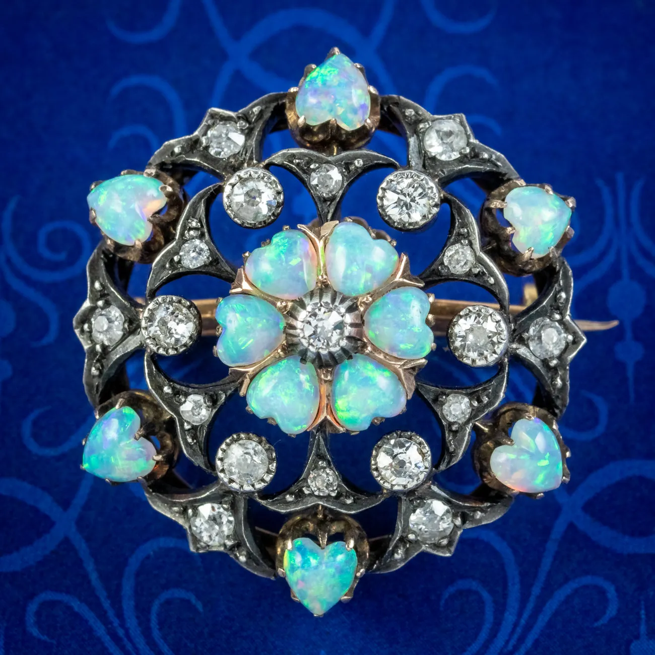 Antique Victorian Opal Heart Diamond Flower Brooch Silver 18ct Gold