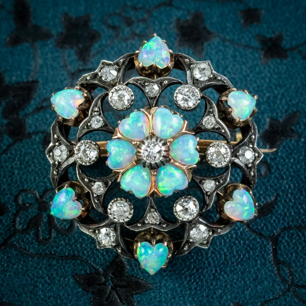 Antique Victorian Opal Heart Diamond Flower Brooch Silver 18ct Gold