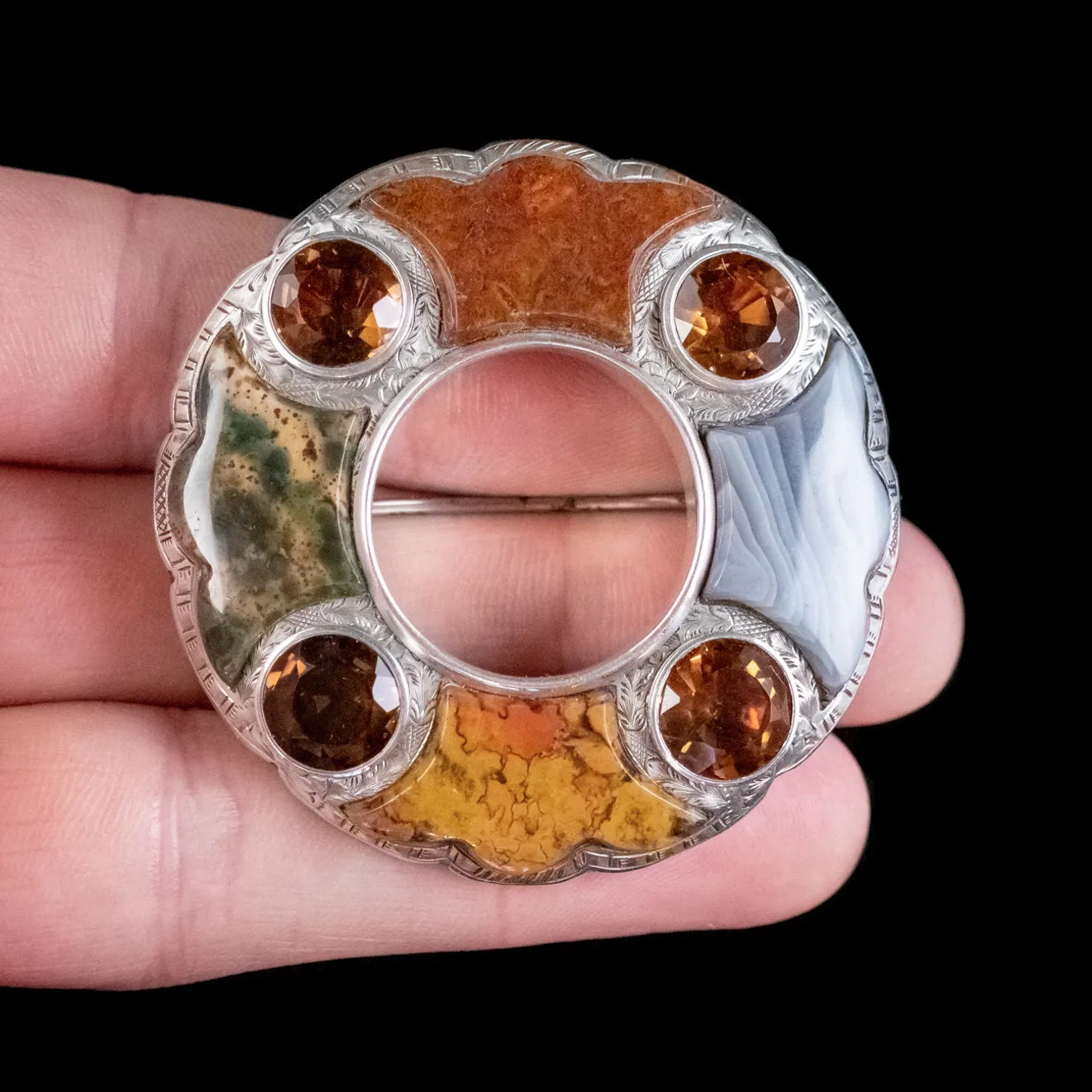 Antique Victorian Scottish Agate Citrine Brooch Circa 1860