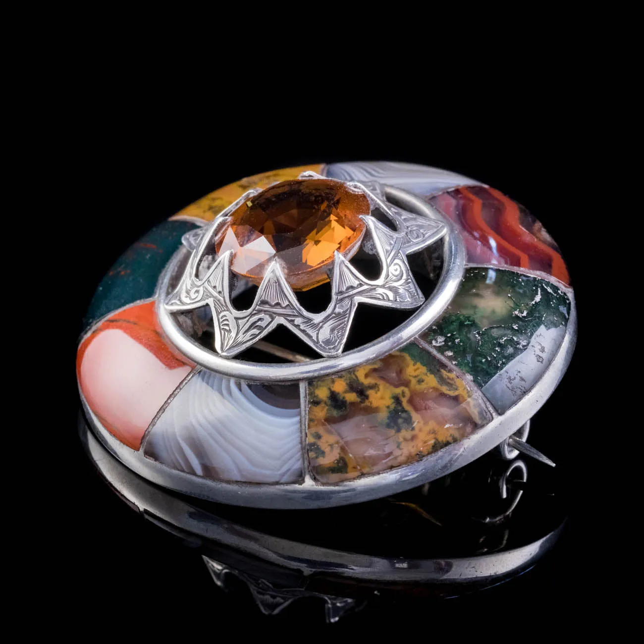 Antique Victorian Scottish Cairngorm Agate Brooch Sterling Silver Circa 1860