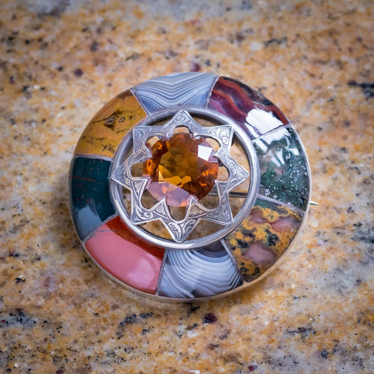 Antique Victorian Scottish Cairngorm Agate Brooch Sterling Silver Circa 1860