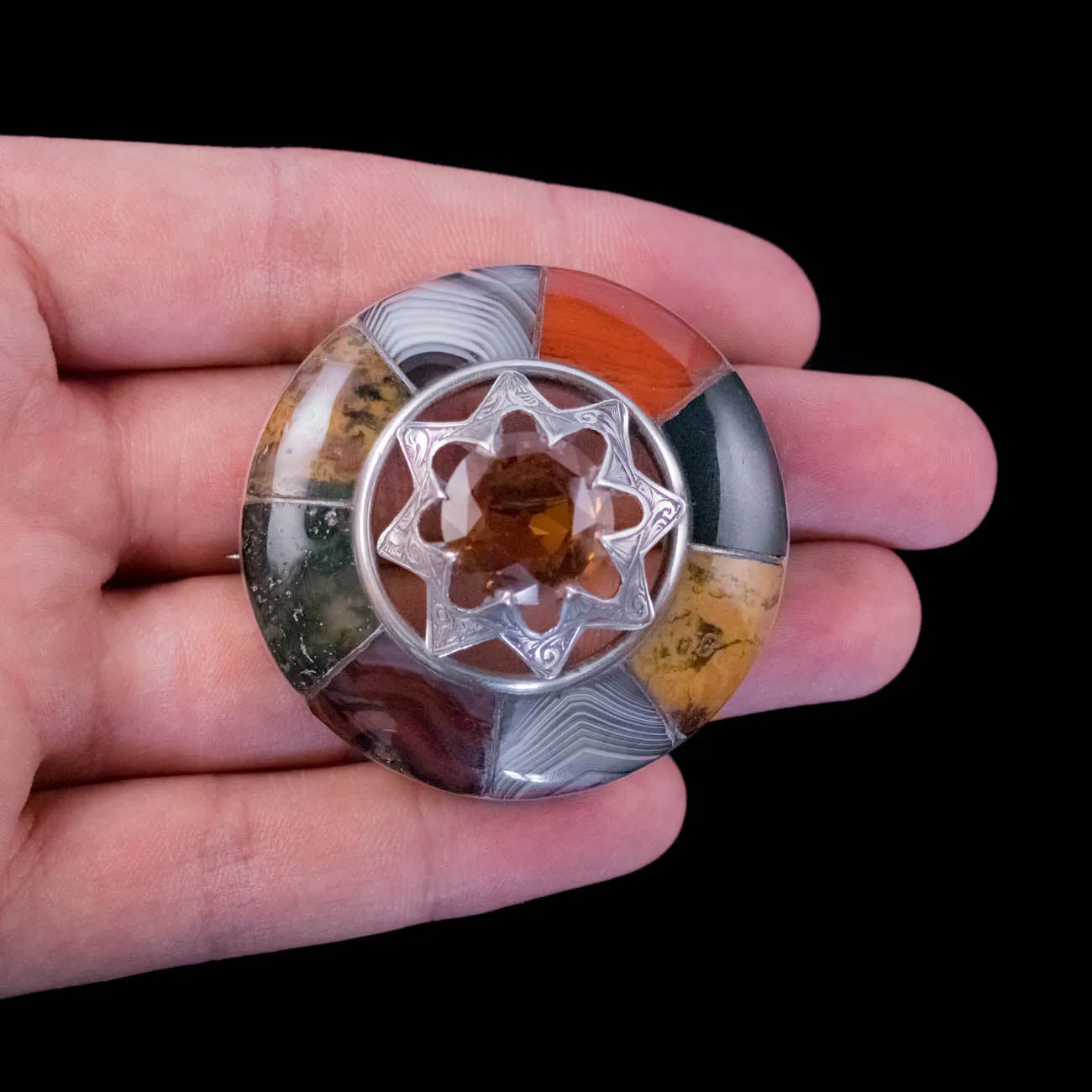 Antique Victorian Scottish Cairngorm Agate Brooch Sterling Silver Circa 1860