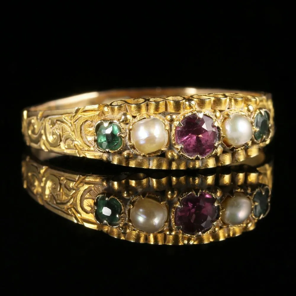 Antique Victorian Suffragette Amethyst Emerald Pearl Ring Dated 1867 12Ct Gold