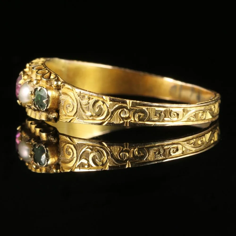 Antique Victorian Suffragette Amethyst Emerald Pearl Ring Dated 1867 12Ct Gold