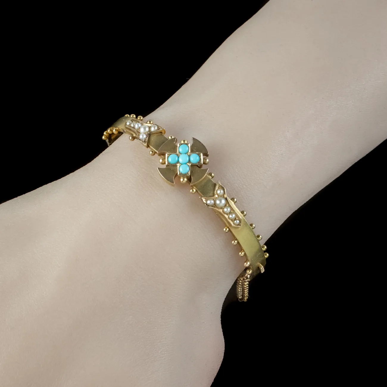 Antique Victorian Turquoise Celtic Cross Bangle 15ct Gold Circa 1880 Boxed
