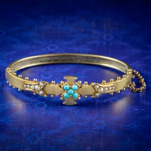 Antique Victorian Turquoise Celtic Cross Bangle 15ct Gold Circa 1880 Boxed