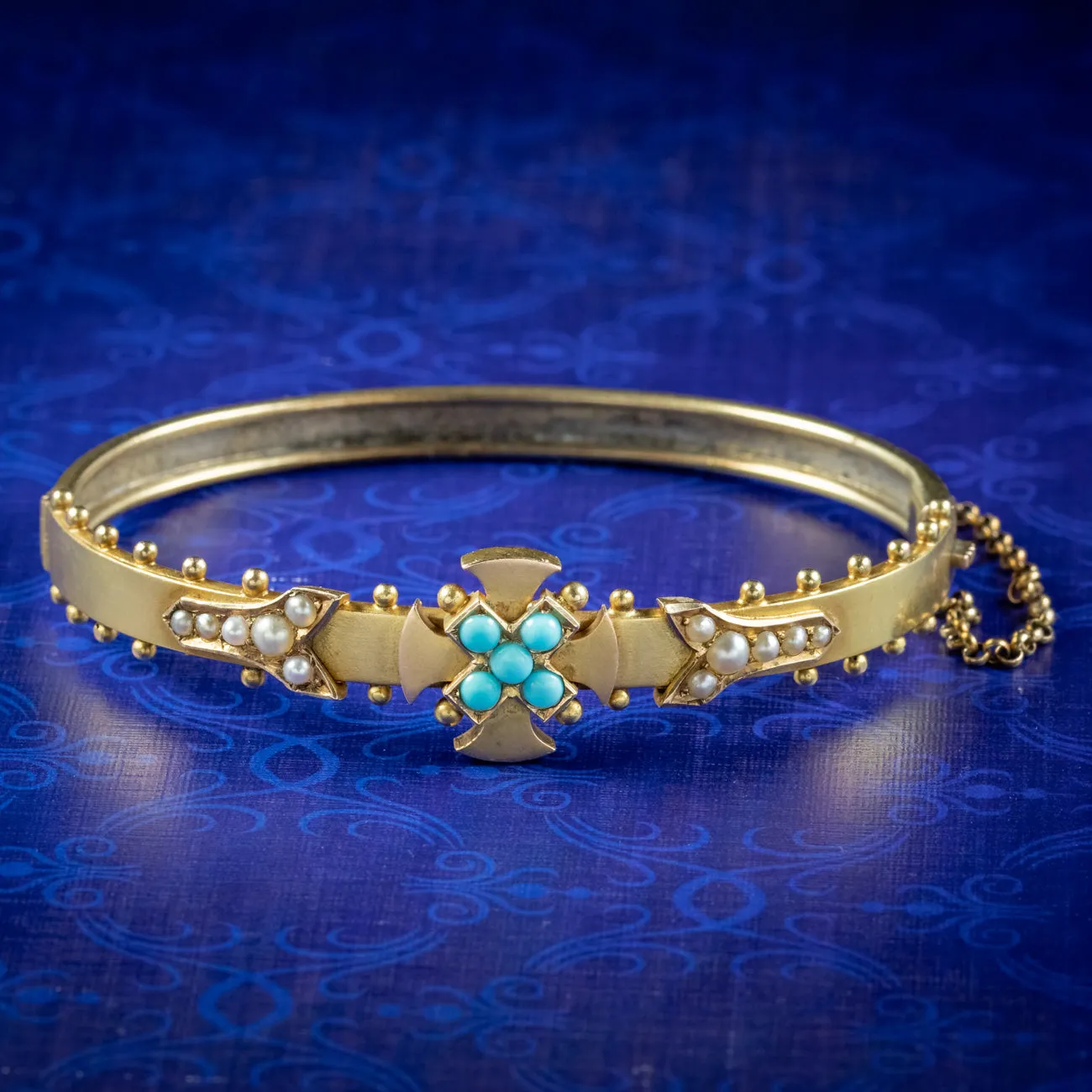 Antique Victorian Turquoise Celtic Cross Bangle 15ct Gold Circa 1880 Boxed