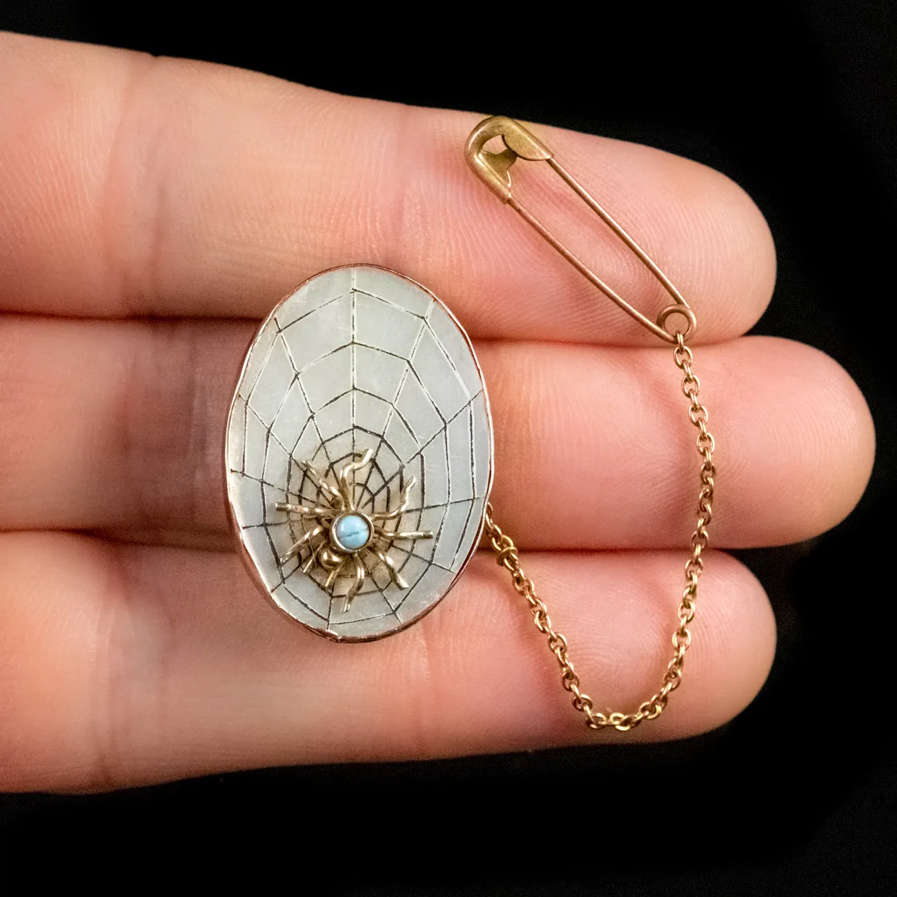 Antique Victorian Turquoise Spider Web 9Ct Gold Mother Of Pearl Brooch Circa 1880