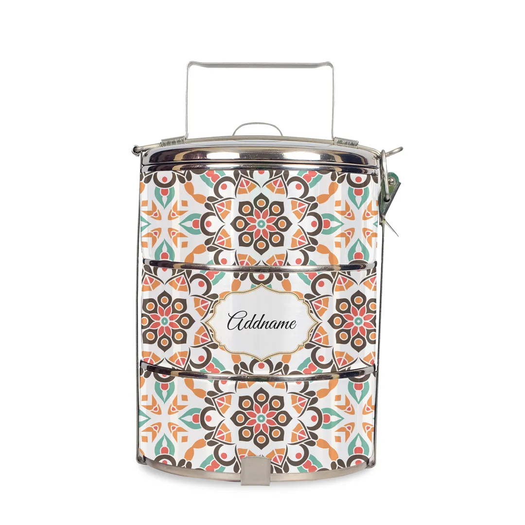 Arabesque Geo Brown Colourful Jute Bag with Tiffin Carrier Set