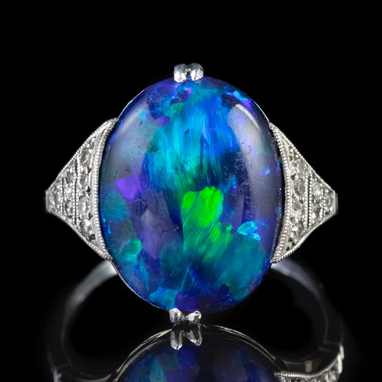 Art Deco Natural Black Opal Diamond Ring 8Ct Opal Platinum Circa 1920