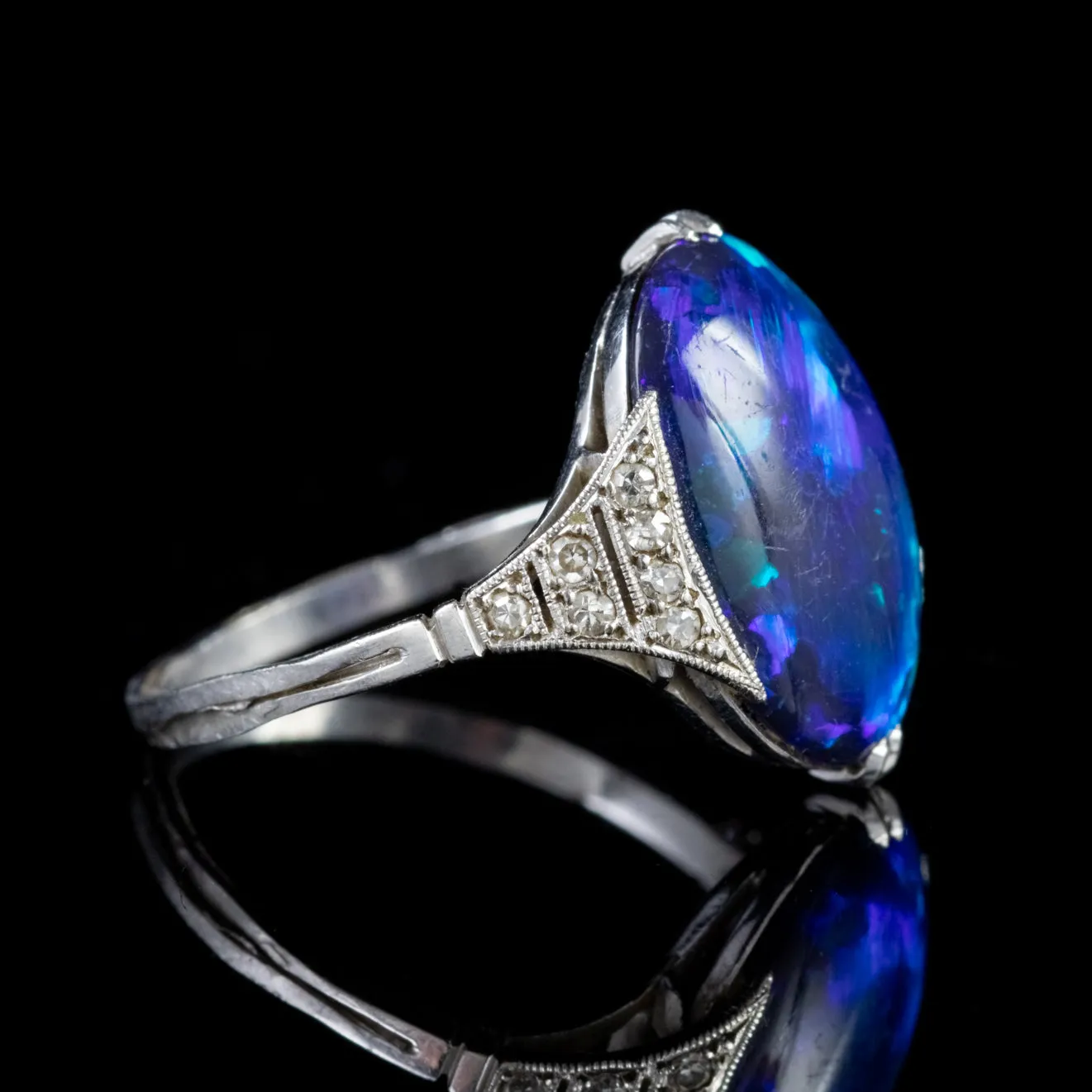 Art Deco Natural Black Opal Diamond Ring 8Ct Opal Platinum Circa 1920