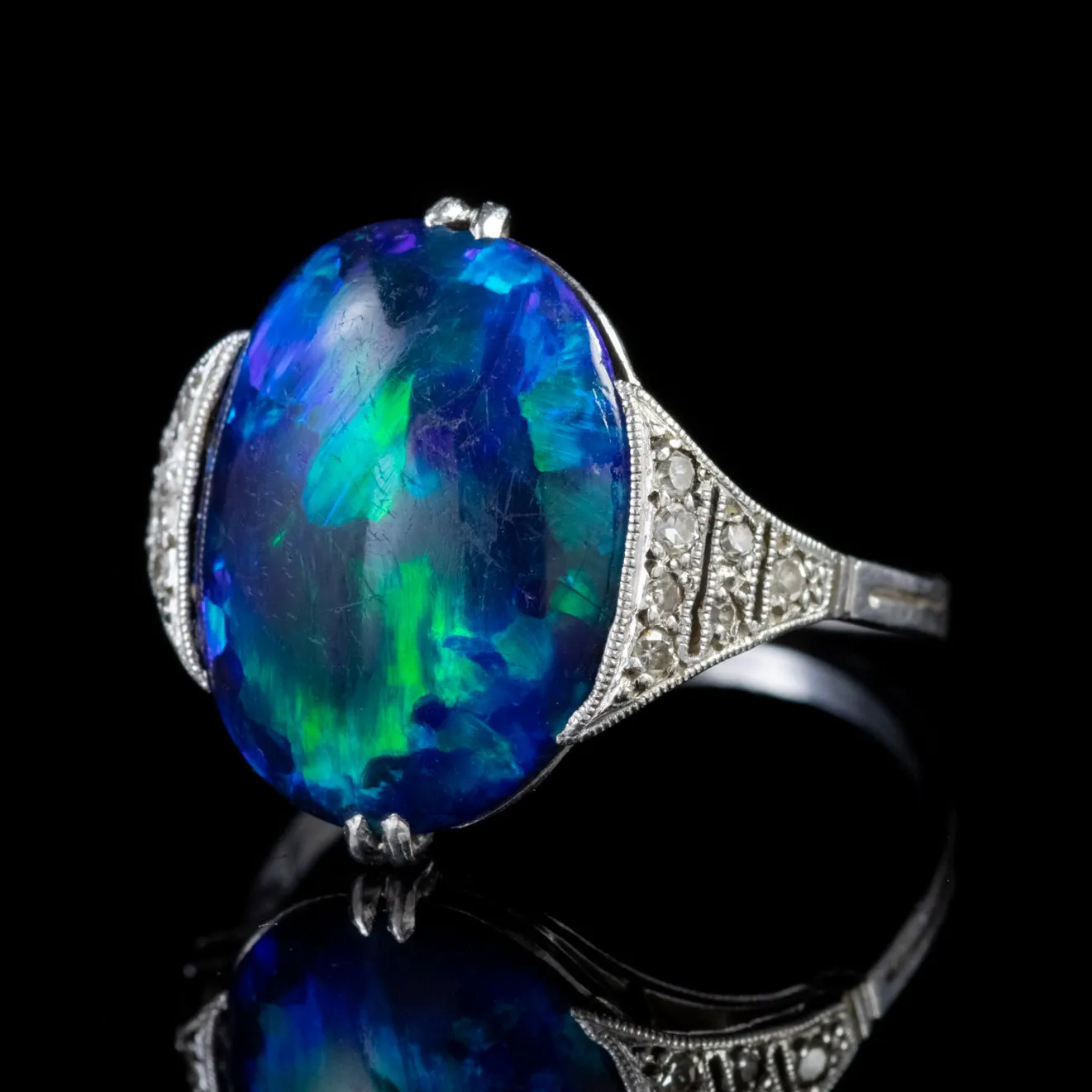 Art Deco Natural Black Opal Diamond Ring 8Ct Opal Platinum Circa 1920