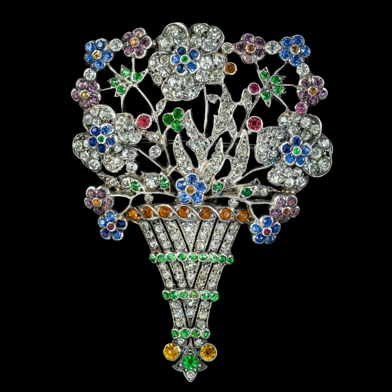 Art Deco Paste Flower Basket Brooch Silver Circa 1920