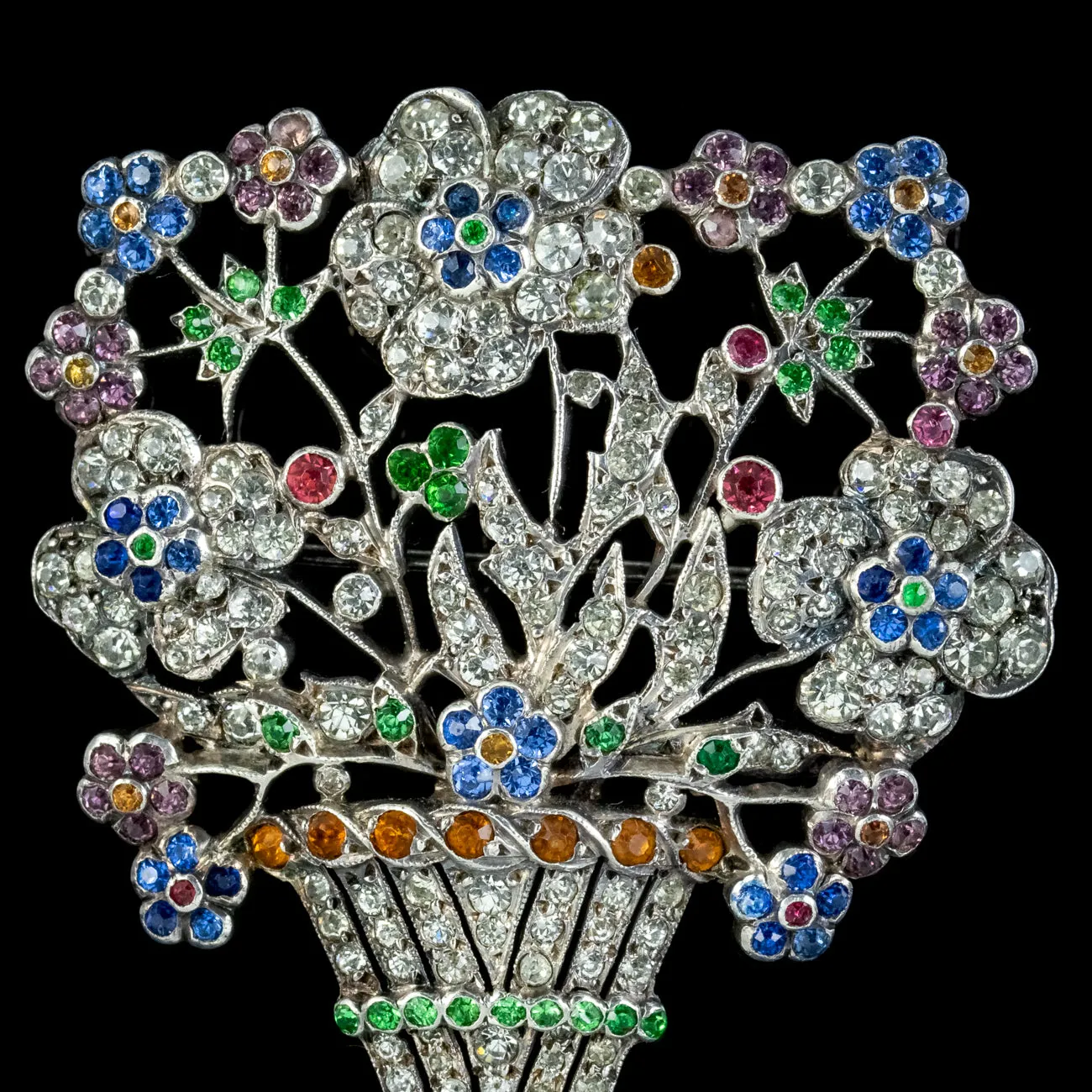 Art Deco Paste Flower Basket Brooch Silver Circa 1920