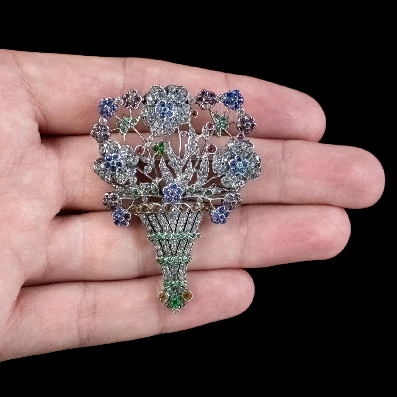 Art Deco Paste Flower Basket Brooch Silver Circa 1920