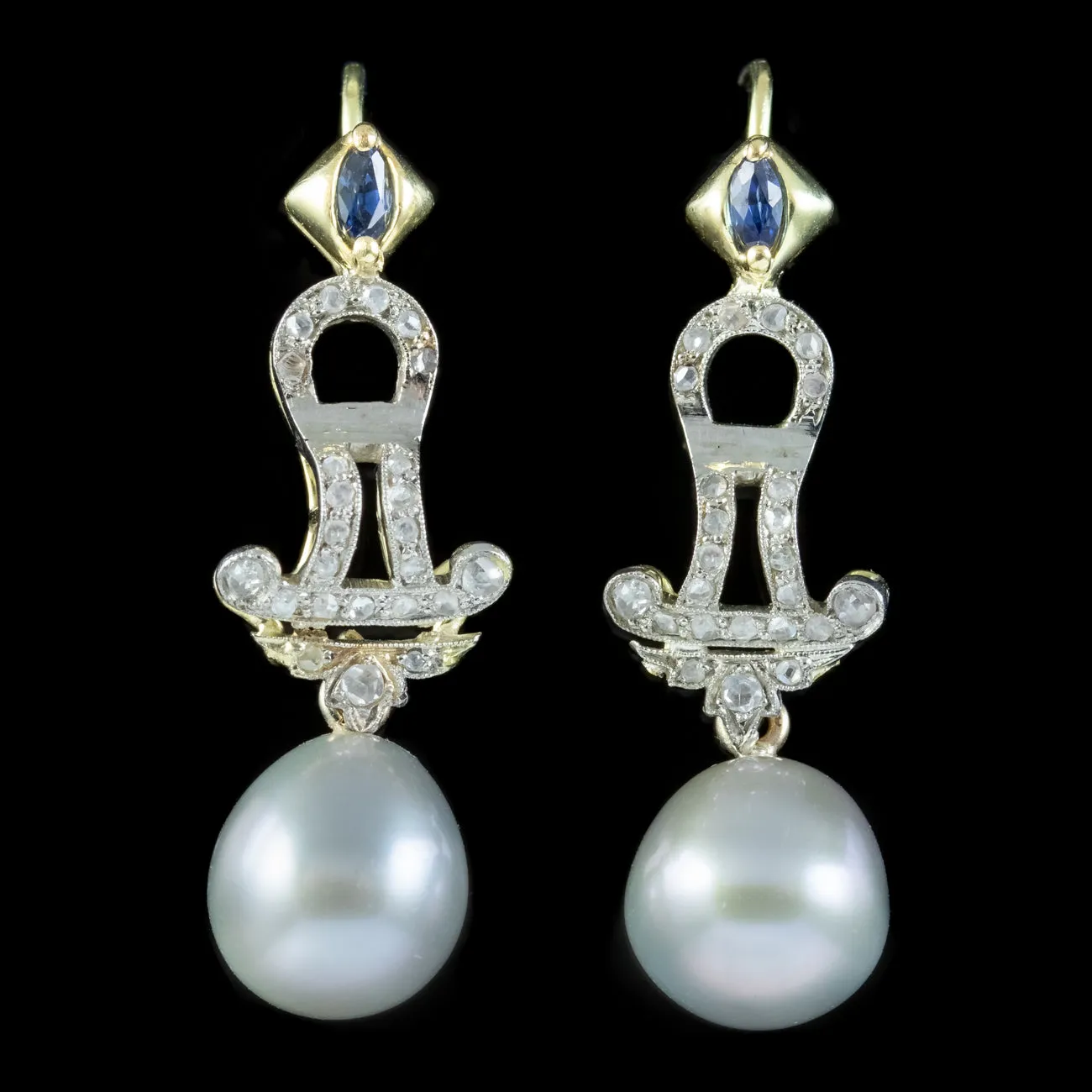 Art Deco Pearl Diamond Sapphire Drop Earrings 18ct Gold