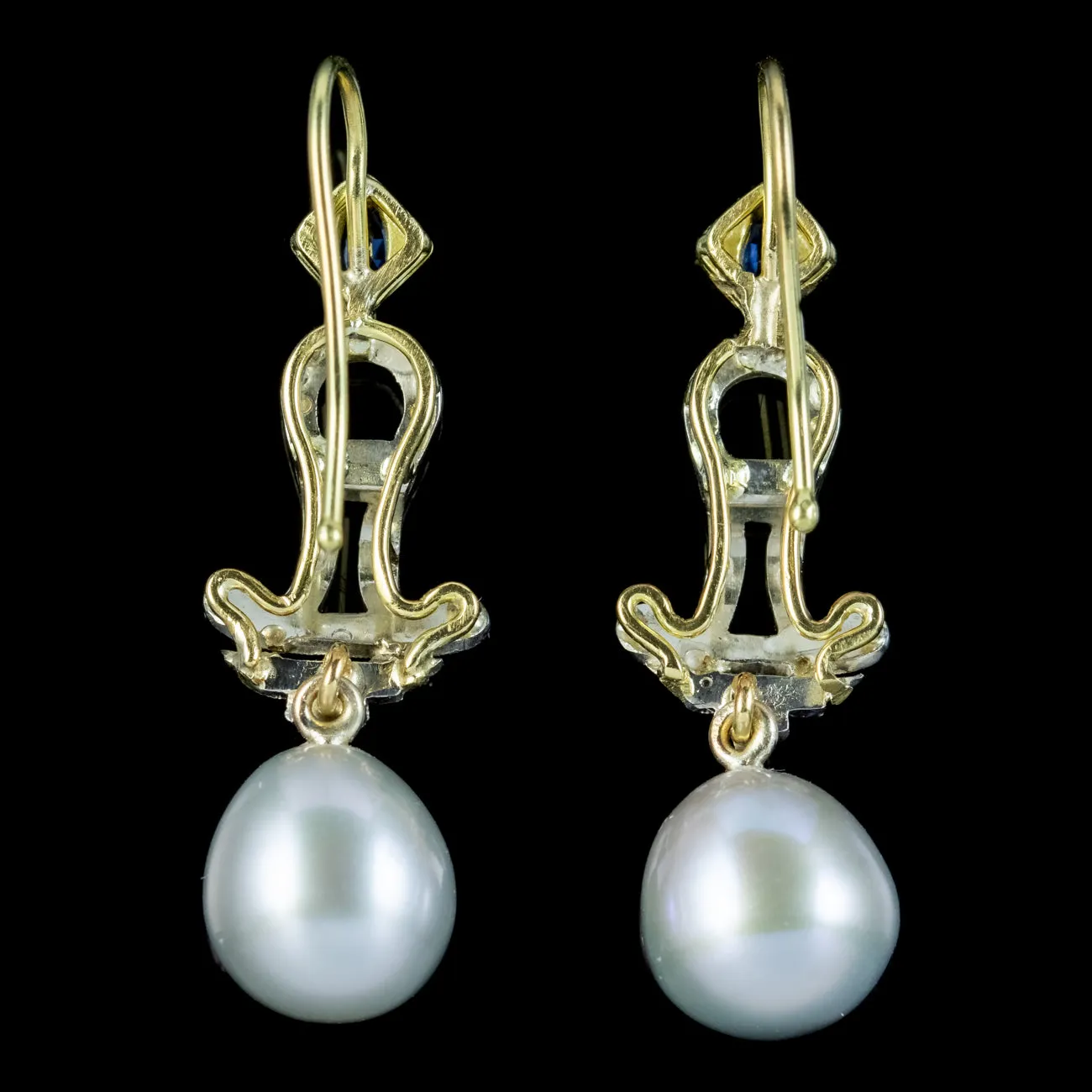 Art Deco Pearl Diamond Sapphire Drop Earrings 18ct Gold