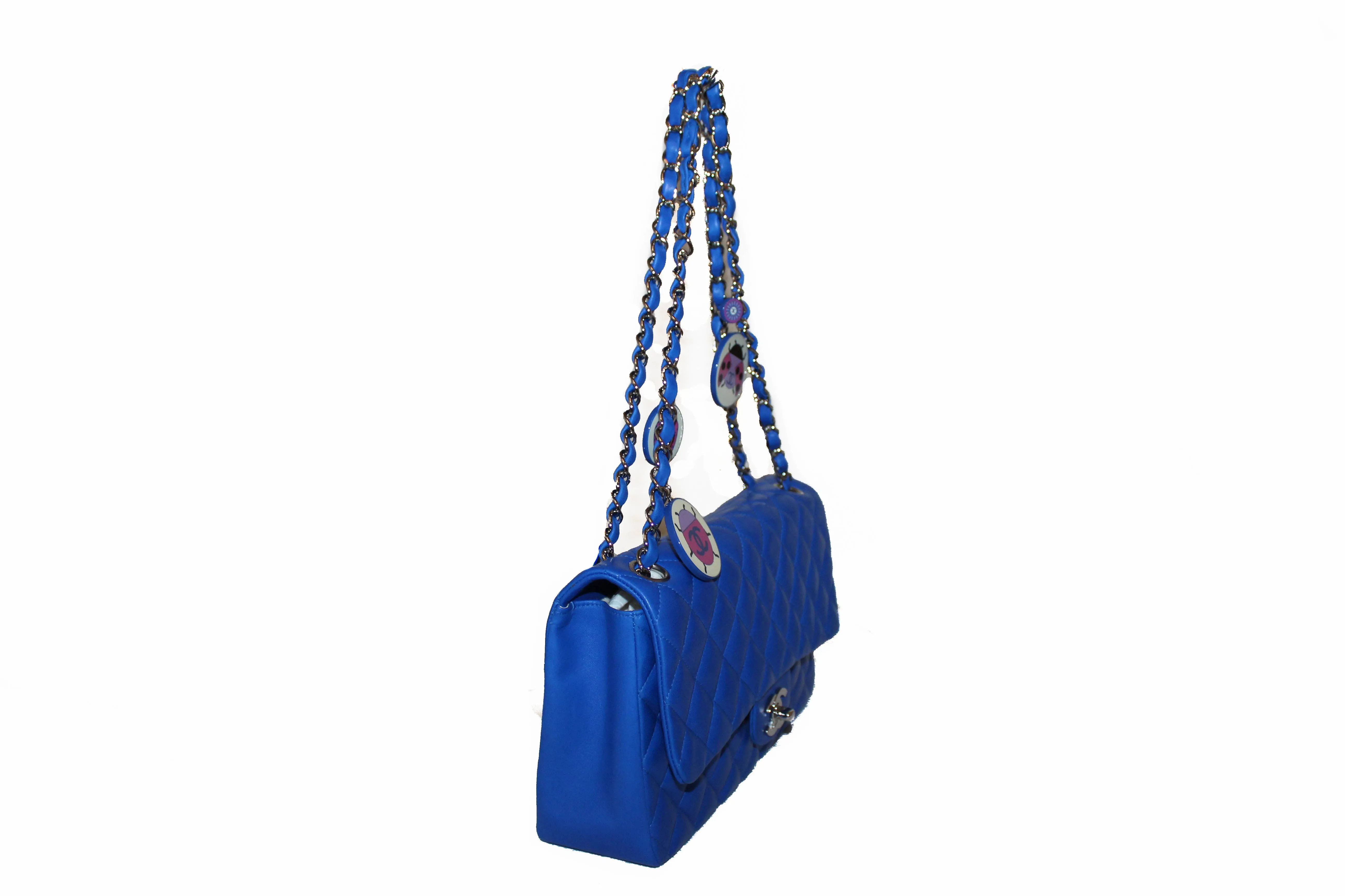 Authentic New Chanel Electric Blue Lambskin Quilted Leather Charrm Medium Classic Shoulder Bag