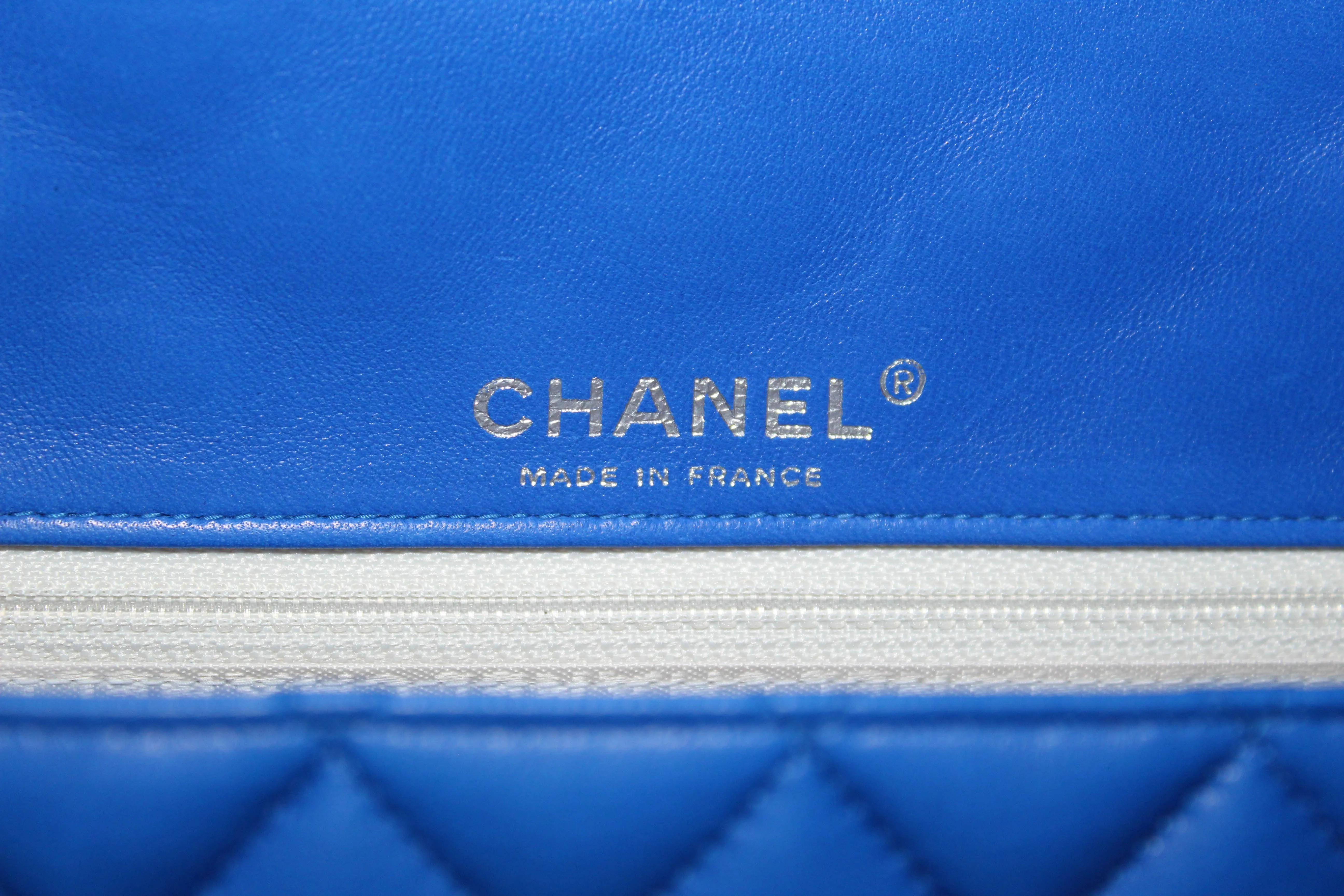 Authentic New Chanel Electric Blue Lambskin Quilted Leather Charrm Medium Classic Shoulder Bag
