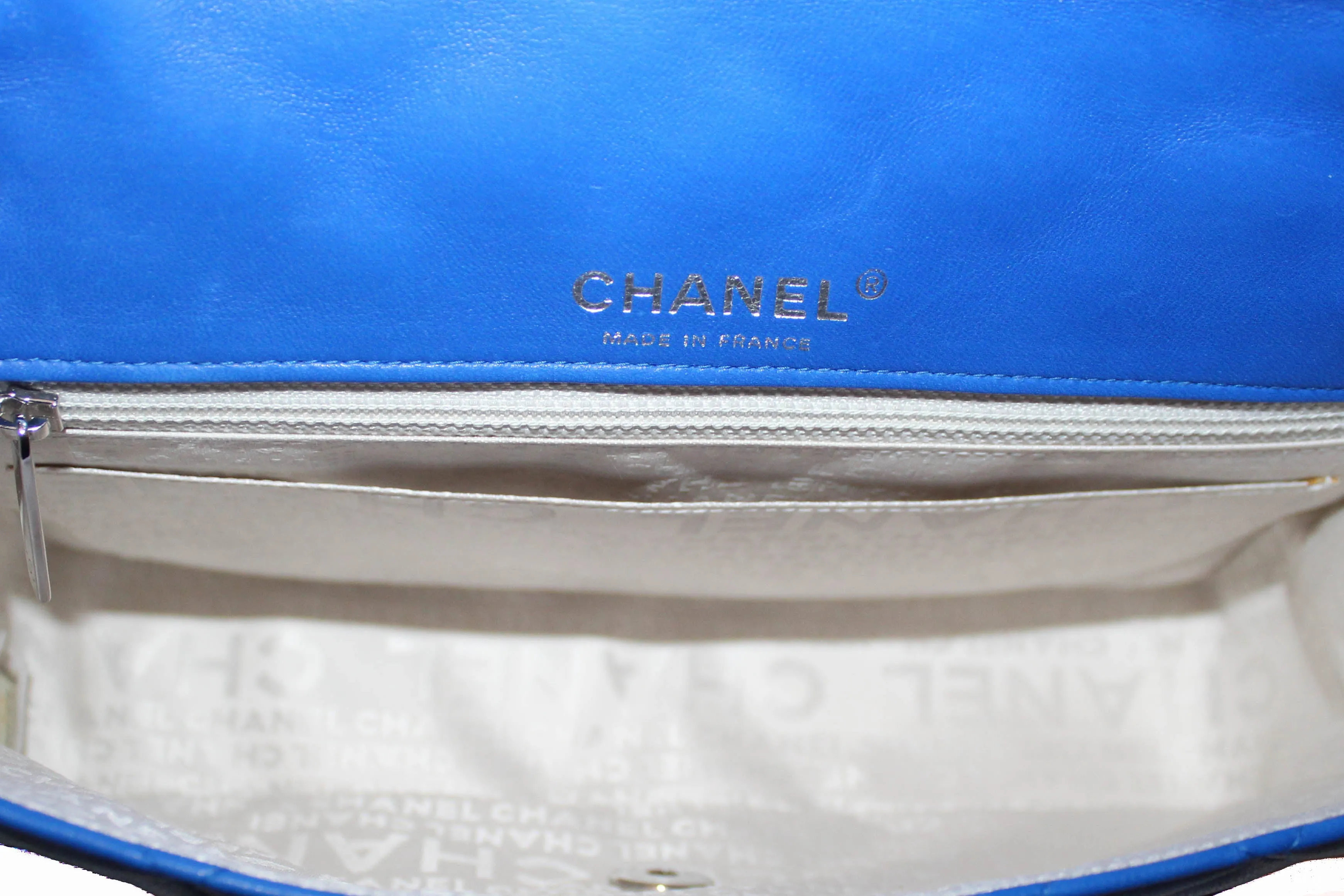 Authentic New Chanel Electric Blue Lambskin Quilted Leather Charrm Medium Classic Shoulder Bag