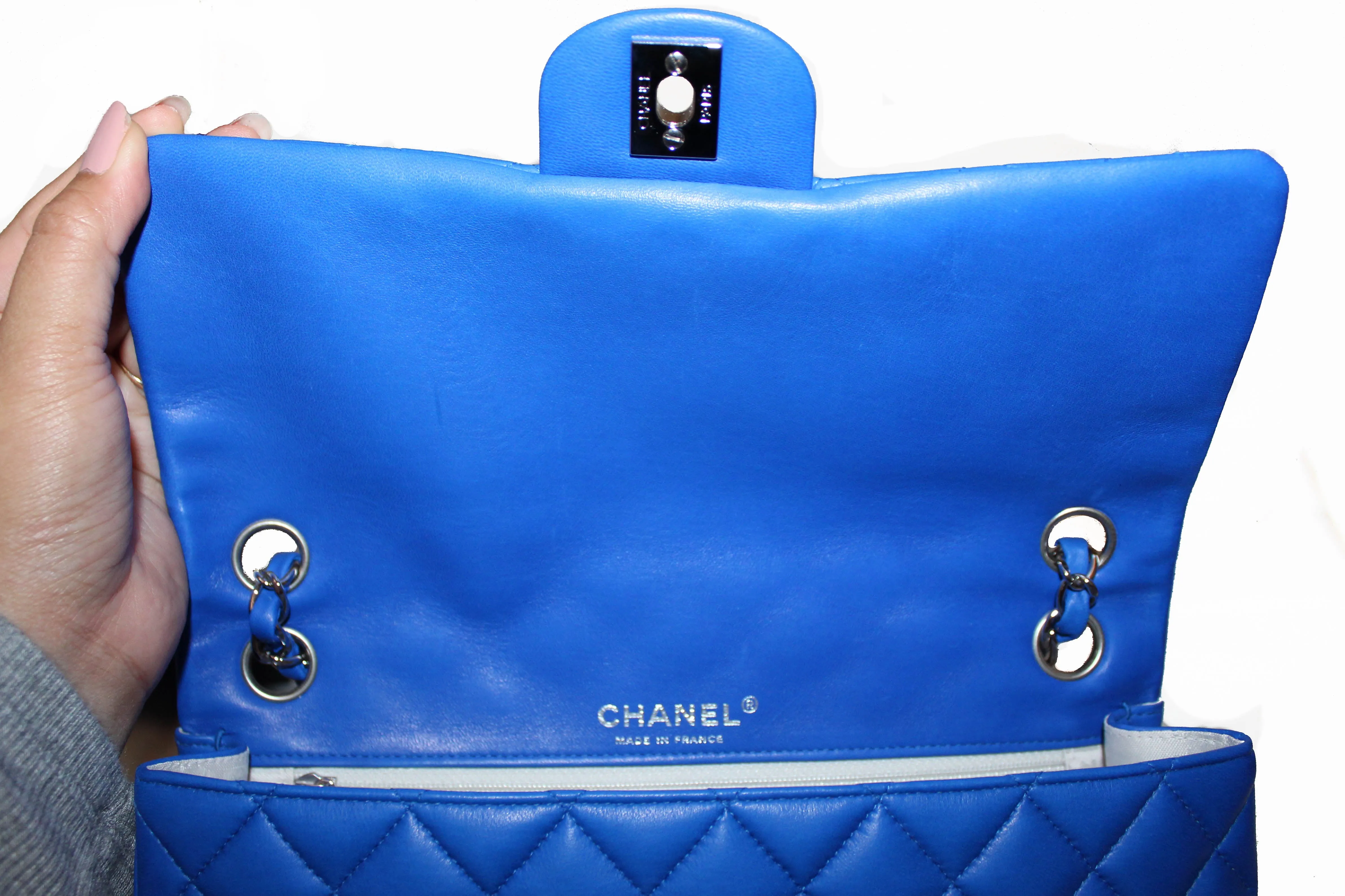 Authentic New Chanel Electric Blue Lambskin Quilted Leather Charrm Medium Classic Shoulder Bag