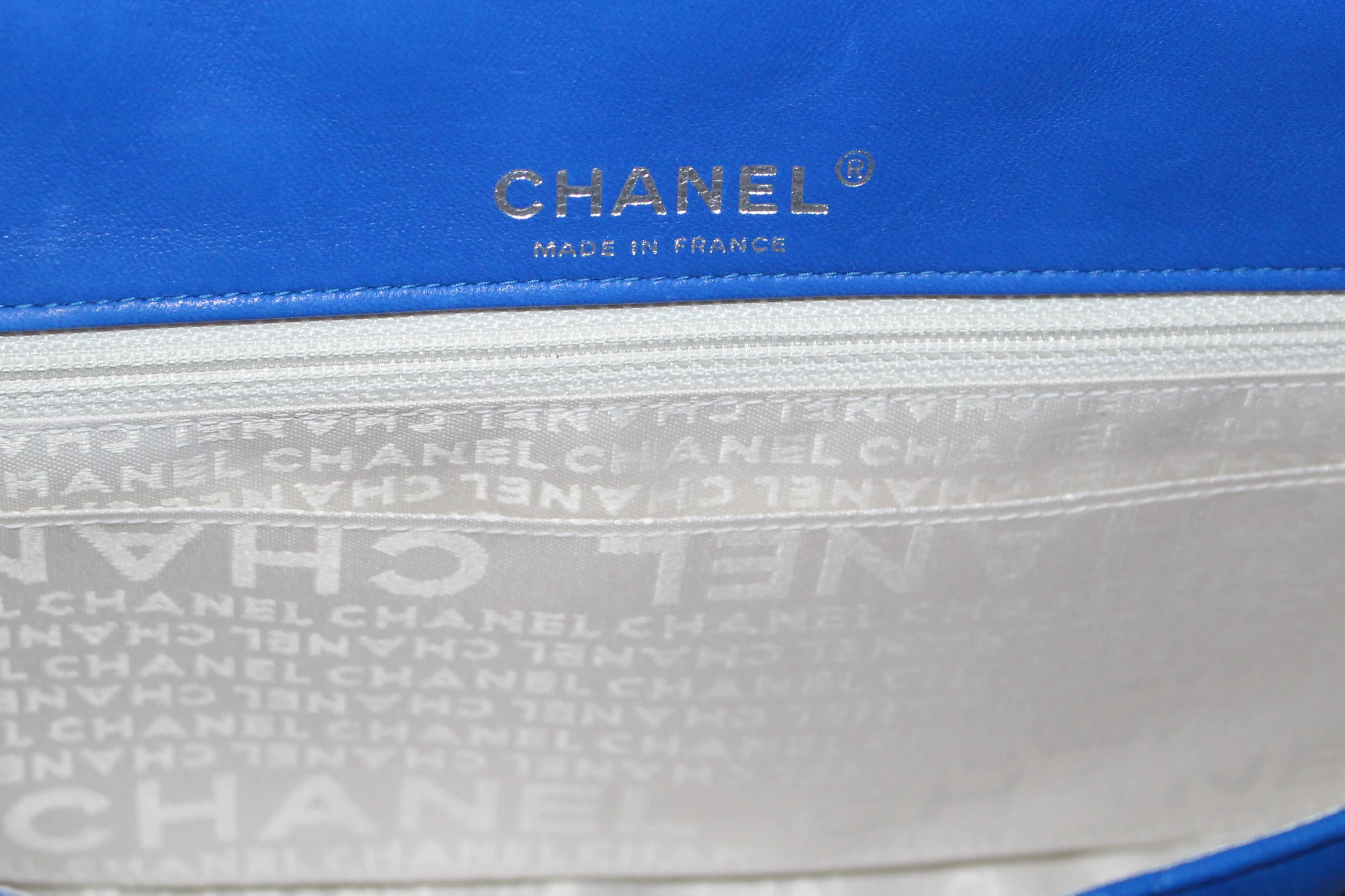 Authentic New Chanel Electric Blue Lambskin Quilted Leather Charrm Medium Classic Shoulder Bag