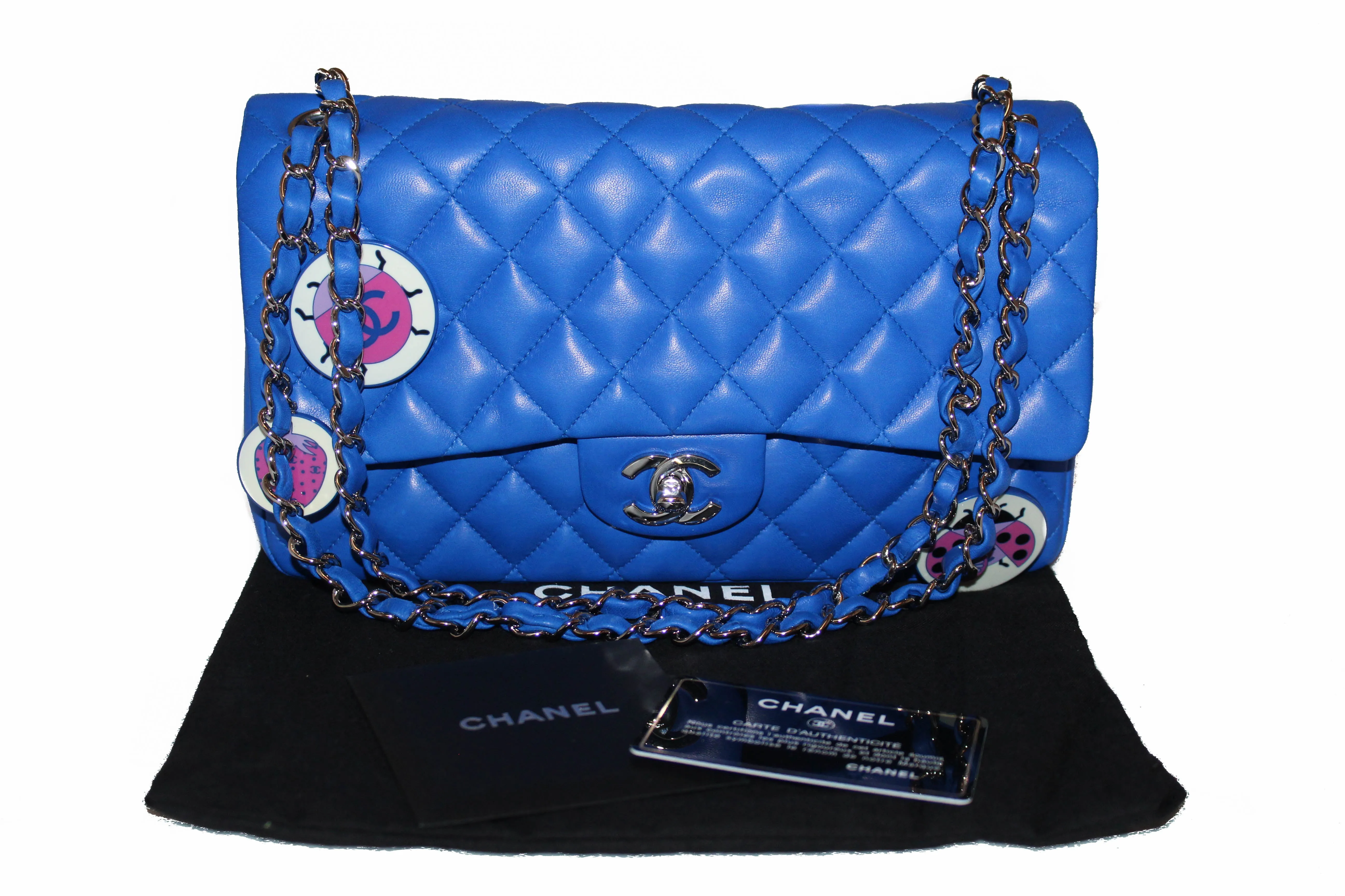 Authentic New Chanel Electric Blue Lambskin Quilted Leather Charrm Medium Classic Shoulder Bag