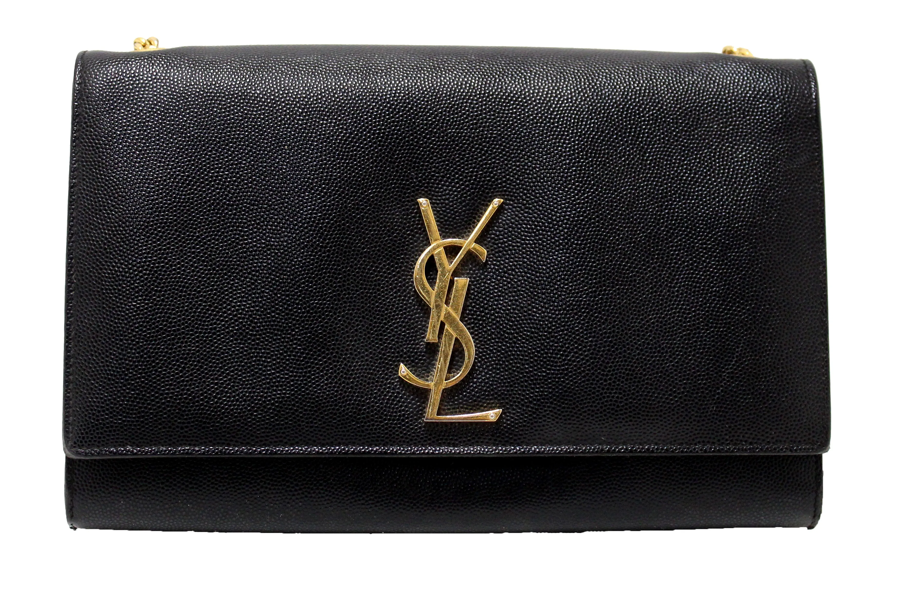 Authentic Saint Laurent Black Grain De Poudre Embossed Leather Medium Kate Bag