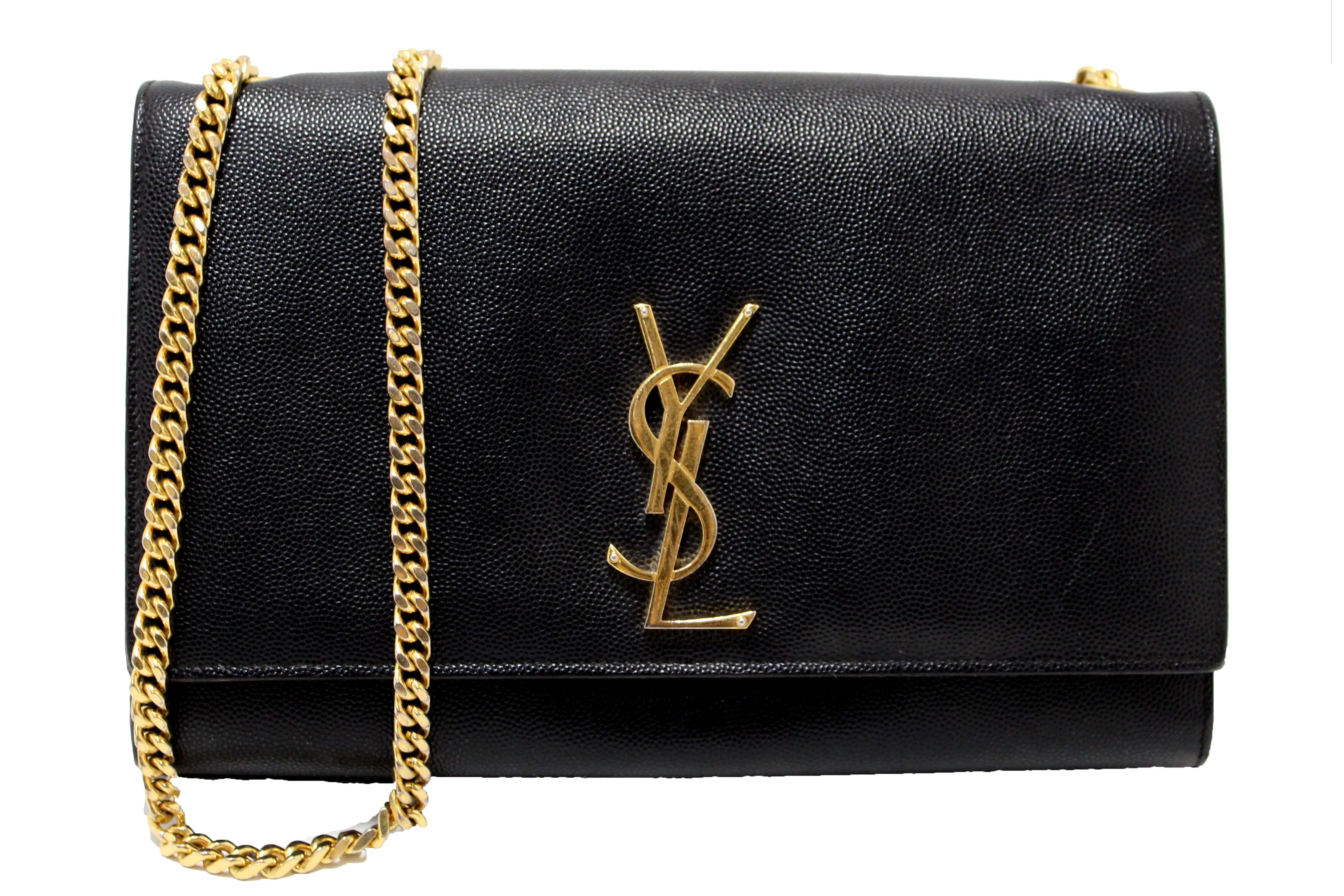 Authentic Saint Laurent Black Grain De Poudre Embossed Leather Medium Kate Bag