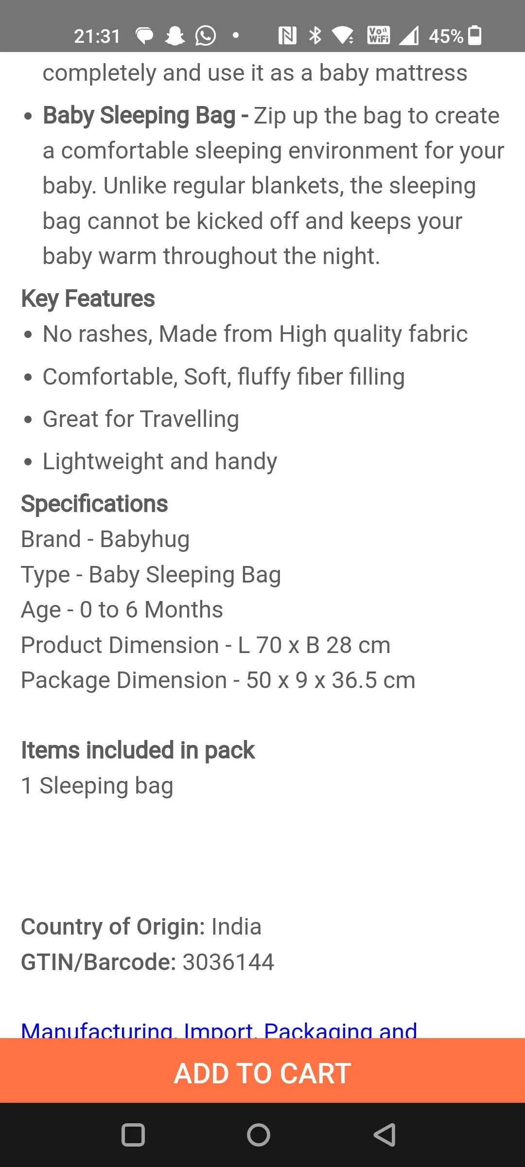BABYHUG Sleeping Bag/Nest bag