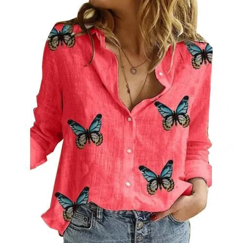 Beautiful Butterfly Print Cotton Button-Down Shirt