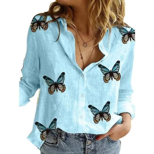 Beautiful Butterfly Print Cotton Button-Down Shirt