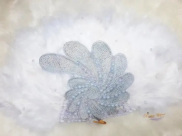 Beautiful White Feather Embelished with Silver Beads with Pearls Bridal Wedding Party Hand fan