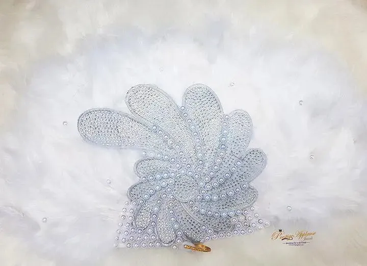 Beautiful White Feather Embelished with Silver Beads with Pearls Bridal Wedding Party Hand fan
