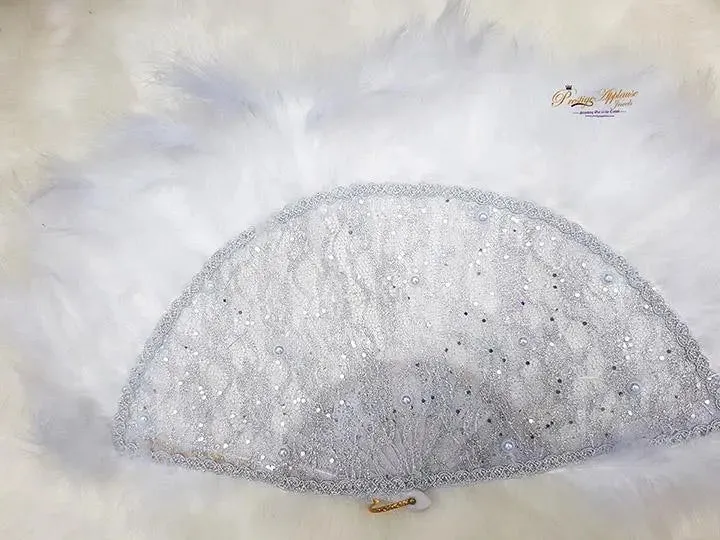 Beautiful White Feather Embelished with Silver Beads with Pearls Bridal Wedding Party Hand fan