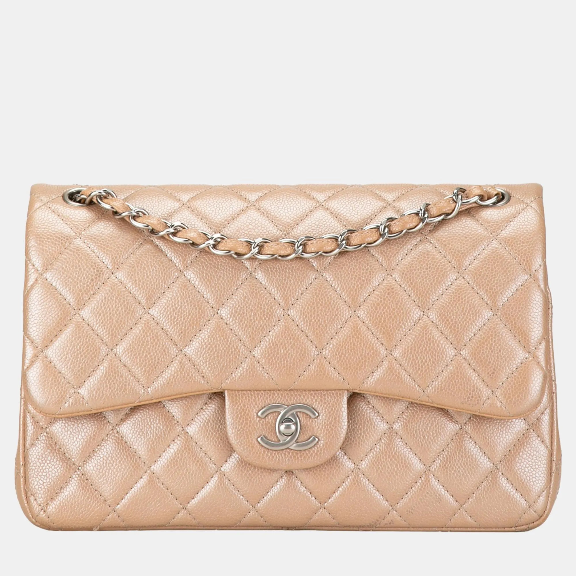 Beige Jumbo Classic Iridescent Caviar Double Flap
