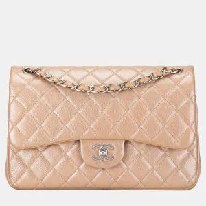 Beige Jumbo Classic Iridescent Caviar Double Flap