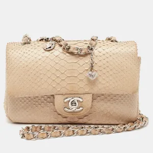 Beige Python Small Charm Single Flap Bag