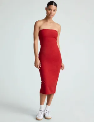 BEYOND YOGA SPACEDYE STRAPLESS DRESS RUBY RED HEATHER