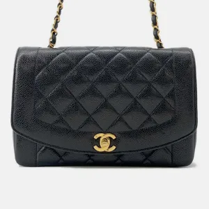Black Caviar Leather Diana Single Flap Chain Shoulder Bag 25