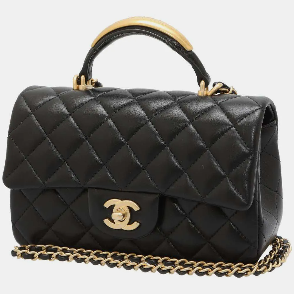Black Lambskin Top Handle Mini Flap Bag