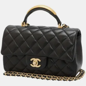 Black Lambskin Top Handle Mini Flap Bag