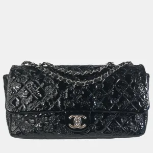 Black Patent Vinyl Embossed Lucky Symbols Jumbo Single Flap Bag