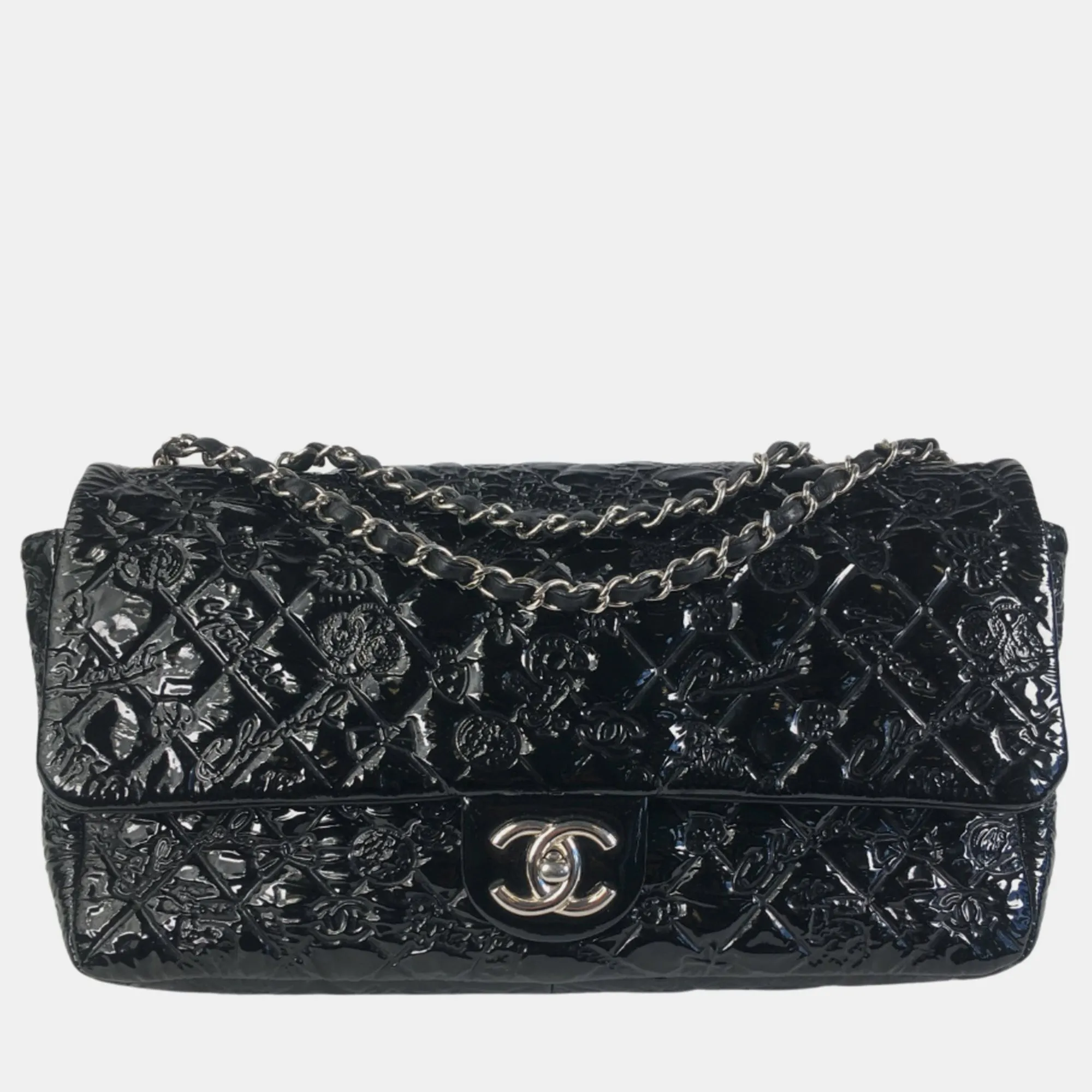 Black Patent Vinyl Embossed Lucky Symbols Jumbo Single Flap Bag