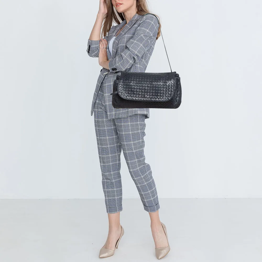 BOTTEGA VENETA Navy Blue Intrecciato Leather Drawstring Flap Bag