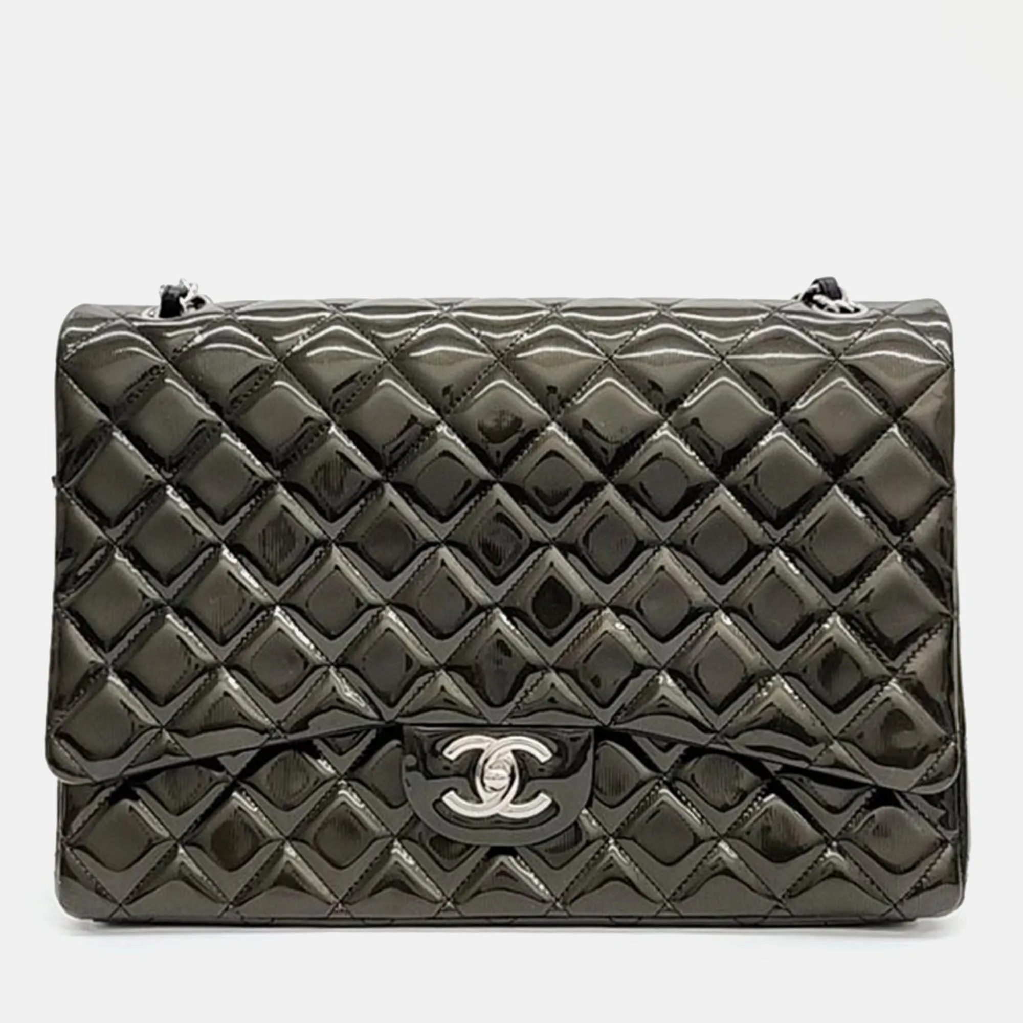 Brown Patent Leather Classic Maxi Double Flap Bag