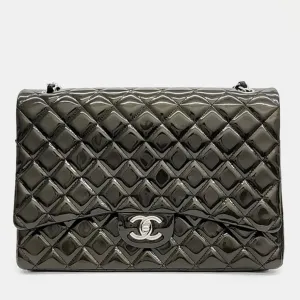 Brown Patent Leather Classic Maxi Double Flap Bag