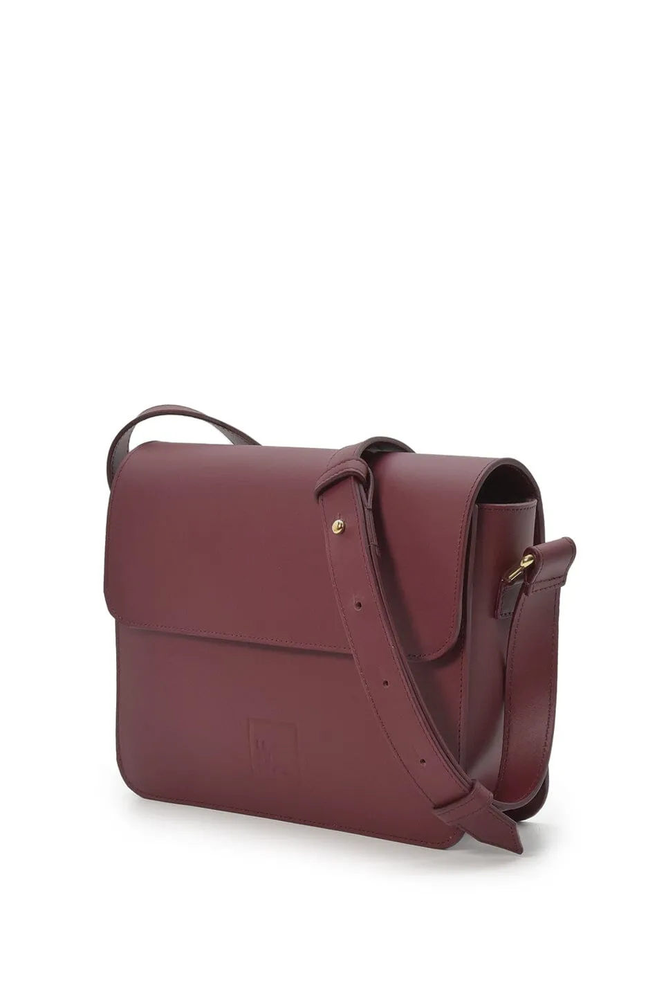 Burgundy leather square crossbody bag with flap